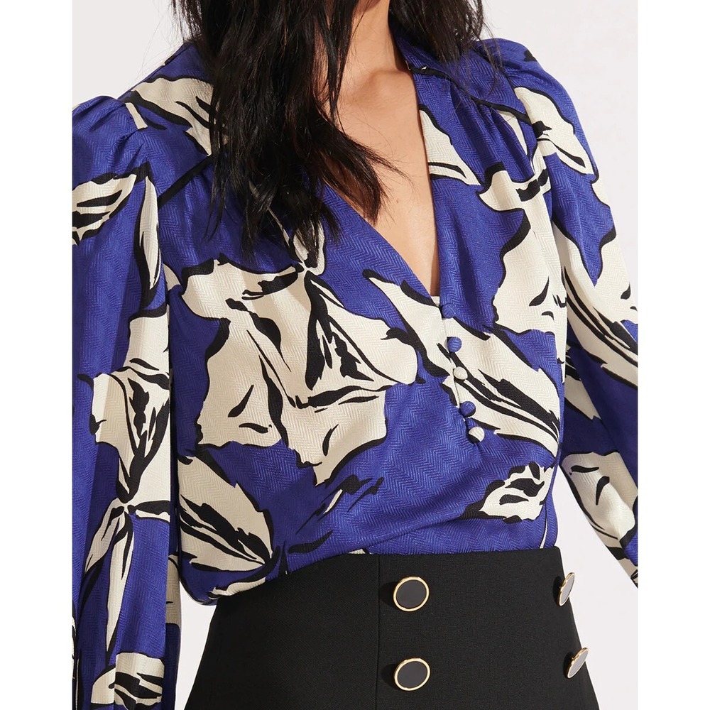 NWT Veronica Beard Milan Floral Silk Satin Jacquard Blouse Ultramarine 0 $395